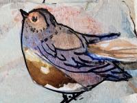 A Joyful Song Small bird in brown, grey/blue with collage on a branch