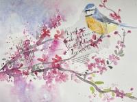 A Beautiful Place A blue tit in apple blossom with background collaged words