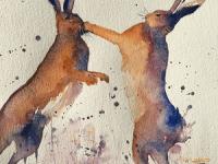 Boxing clever Two brown hares boxing with brush marks creating movement.