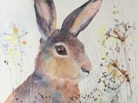 Watchful Brown hare sitting in cow parsley seed heads in a meadow.