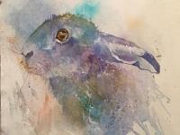 Out of the Blue 2 Blue/mauve hare in profile against a loosely defined background on white