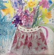 Spring flowers in a collaged patterned jug