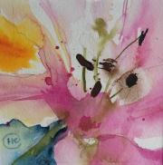 Pink lily with yellow and green in background.