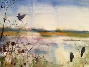 View across water with foreground trees and grasses. Three crows on branches