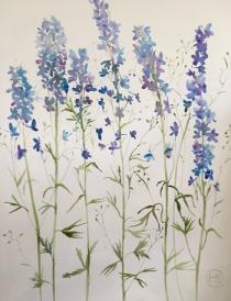 Blue/mauve delphiniums against a white background on prepared canvas
