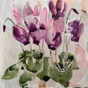 Mixed media cyclamen on pink mount