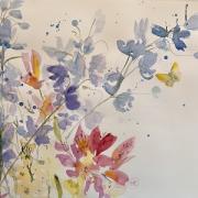 Pink and blue flowers with a yellow butterfly