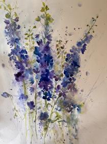 Blues and lavender delphiniums against a white background