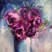 Purple roses in a blue jug against a darker blue background