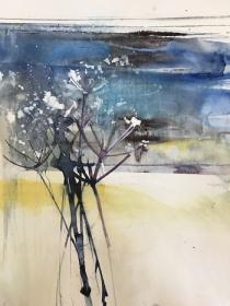 Blue and yellow background with hogweeds in foreground.