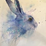 Blue mauve hare in profile against a white background and loosely defined body