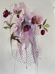 Dark pink hellebores with collaged tissue paper