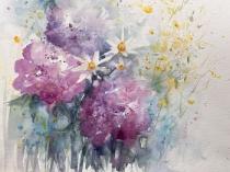 Dark pink hydrangeas with daisies