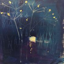 Dark blues with gold flecks suggeting moon lit water