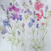 Flowers growing together in blues and mauves