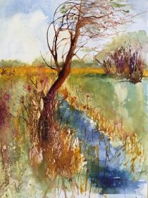 Brown leaning tree over blue water with fields beyond