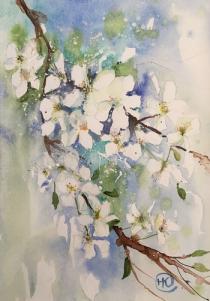 White blossom against blue background with ink stems