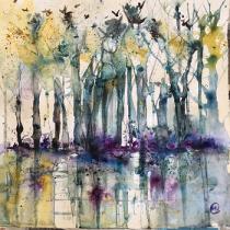 Blue green trees with rooks circling above and bluebells below with reflection