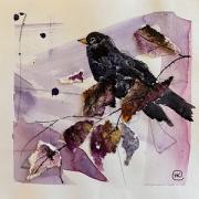 black bird in leaves. Pale mauve background