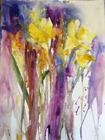 Yellow/golds, purple/pink Spring flowers intermingling