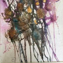 Gold teasels against a purple/gold/blue background