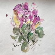 Pink cyclamen in mixed media watercolour, ink and collage