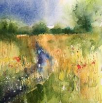 Distant trees river and meadow flowers