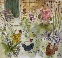 Chickens pecking around the path by the back door