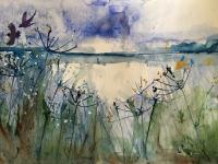 Across the Broad Birds flying across the broad fringed with cow parsley. Greens and blues