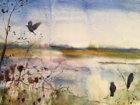Across the water meadows. Southwold View across water with foreground trees and grasses. Three crows on branches