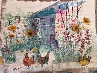 Chickens in the Allotment Mixed media on cardboard allotment with flowers and chickens