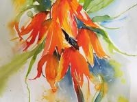 Crowning Glory Bright orange flowers with green foliage against a blue background