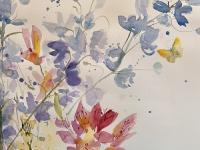 Dancing in the flowers Pink and blue flowers with a yellow butterfly