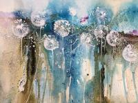 White dandelion heads against an ink/blue background