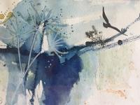 Flight Across the Mere Semi-abstract with bird flying over water and hog weed in foreground.
