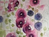 Hollyhocks Pink and blue hollyhocks and buds growing together
