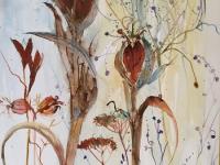 Iris Seed Heads with Grasses Dark brown seeh heads against a blue/lemon background watercolour/ink