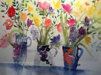 Joy of Spring Three collaged jugs containing daffs, tulips and hyacinths