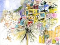 Positano Italy Colourful houses on the hillside, trees and church in forefround