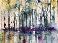 Misty Trees Blue green trees with rooks circling above and bluebells below with reflection