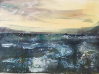 Early Light North Norfolk Yellow sky over blue grey marsh and water in Norfolk