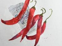Red Hot Five red chillies against a collaged label