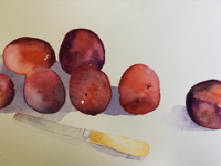 Scattered Plums Plums with a silver paring knife on the table
