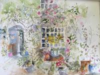 Summer Courtyard Rambling flowers, urns around an old house bathed in high summer sunshine.