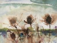 Teasel Mere Ink teasels overlooking water and distant hills