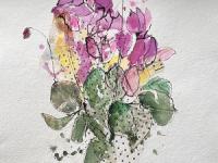 Tender Love Pink cyclamen in mixed media watercolour, ink and collage
