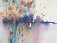 View Through the Reeds Blue pink background glimpsed through tall russet coloured reeds