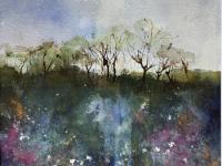 Woodland Dreeams A tree lined horizon overlooking water and pink/mauve flowers