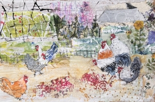 Chickens in a flower and vegetable allotment.